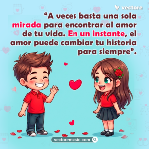 Pareja de niños animados saludándose con ternura con un corazón rojo flotando entre ambos sobre fondo azul. Imagen romántica con frases de miradas y enamorados.