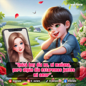 Ilustración digital de estilo anime con un niño de cabello castaño sonriendo mientras mira una videollamada en su teléfono celular, donde aparece una niña de ojos azules; al fondo se aprecia un paisaje rural con colinas verdes y un río.