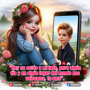 Arte digital de una niña sentada en un camino rural rodeado de flores mientras sostiene un teléfono celular en una videollamada con un niño de cabello rubio, bajo la luz de un atardecer.