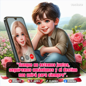 Dibujo romántico en 3D de un niño de ojos verdes sonriendo junto a un teléfono inteligente que muestra la imagen de una niña rubia, decorado a la derecha con un ramo de rosas rojas y rosadas.