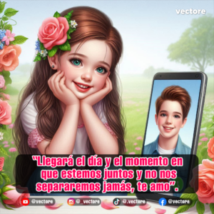 Ilustración tierna de una niña con una rosa en su cabello castaño apoyando su rostro en sus manos con una sonrisa, al lado de un smartphone en videollamada con un niño sonriente sobre un fondo de jardín florido.