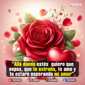 Composición artística tridimensional con una gran rosa roja brillante en el centro, acompañada de un corazón rojo reluciente en la base y pétalos flotando sobre un fondo rosa suave con destellos.