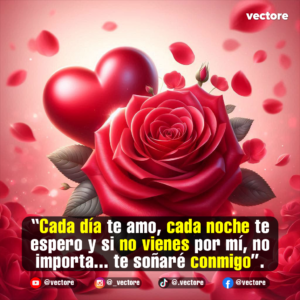 Diseño romántico digital que destaca una rosa roja abierta en primer plano con un gran corazón rojo inflado detrás de ella, rodeados por una lluvia de pétalos rojos sobre fondo difuminado.