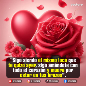 Imagen digital en 3D con un gran corazón rojo satinado en el fondo y una rosa roja completamente abierta al frente, rodeada de pequeñas flores rosadas en la base.