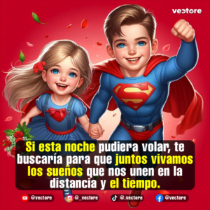 Dibujo animado de un niño y una niña vestidos con trajes de superhéroe inspirados en Superman, volando juntos y tomados de la mano alegremente sobre un fondo rojo con pétalos flotando.