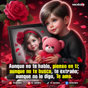 Arte digital de un niño con suéter oscuro abrazando a un oso de peluche rosa que sostiene un corazón, apoyado junto a un retrato enmarcado de una niña con rosas en el cabello sobre un fondo lleno de pétalos rojos.