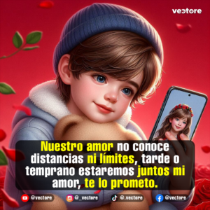 Ilustración tierna de un niño con gorro azul y chamarra abrigadora abrazando un osito de peluche, mientras mira sonriente la pantalla de su celular donde aparece la foto de una niña con una corona de flores sobre un fondo rojo.