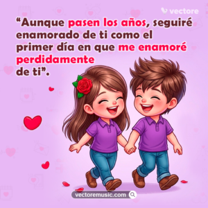 Dibujo digital de una pareja chibi caminando de la mano alegremente con un fondo morado adornado con corazones flotantes. Imagen romántica con frases de amor eterno y aunque pasen los años.