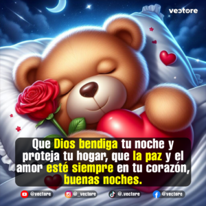 Imagen romántica de un tierno osito de peluche marrón durmiendo plácidamente sobre una almohada blanca, abrazando un gran corazón rojo junto a una rosa roja bajo un cielo nocturno con una luna creciente.