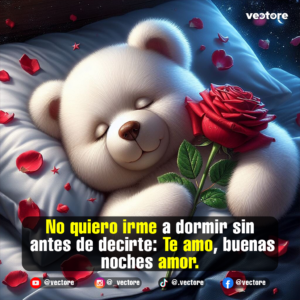 Dibujo digital de un osito de peluche blanco durmiendo con una sonrisa tranquila en su cama, sosteniendo una rosa roja entre sus patas con pétalos esparcidos en la sábana bajo un cielo estrellado.