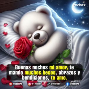 Ilustración de un osito blanco durmiendo de lado sobre una almohada blanca con detalles de encaje, sosteniendo una rosa roja de tallo largo en un ambiente nocturno iluminado por la luna y estrellas.