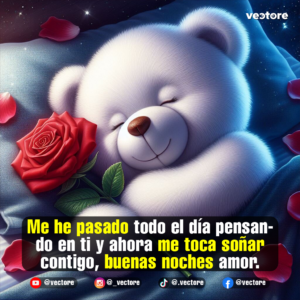 Arte digital de un osito de peluche blanco sonriendo con los ojos cerrados mientras duerme felizmente apoyado sobre una almohada azul, acompañado de una rosa roja en primer plano.