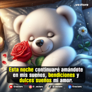 Tierna escena tridimensional de un osito blanco durmiendo plácidamente abrazado a una rosa roja, con una pequeña margarita blanca al lado y un fondo oscuro brillante con destellos de luz.