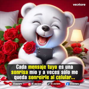 Ilustración digital en 3D de un alegre osito de peluche blanco sonriendo con la boca abierta mientras mira su teléfono celular, rodeado de un gran ramo de rosas rojas en una cama iluminada por una lámpara de noche.