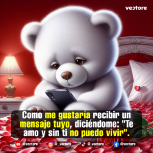 Arte digital de un osito de peluche blanco con expresión triste y mirada decaída observando la pantalla de su celular, sentado sobre una cama cubierta de pétalos de rosa rojos junto a una lámpara encendida.
