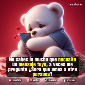 Imagen digital conmovida de un osito de peluche blanco con una lágrima en el ojo y ropa azul, abrazando melancólicamente su teléfono inteligente contra un fondo rojo con pequeños corazones flotantes.