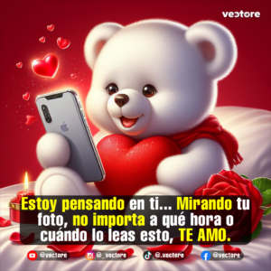 Dibujo romántico en 3D de un tierno osito blanco sonriente con bufanda roja, sosteniendo un teléfono celular en una pata y un gran corazón rojo en la otra, acompañado de rosas rojas y una vela encendida.