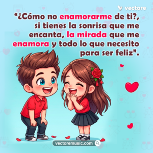 Ilustración animada de un niño sonriendo a una niña con una rosa roja en el cabello sobre un fondo azul claro con corazones. Tarjeta romántica con frases de amor y miradas.