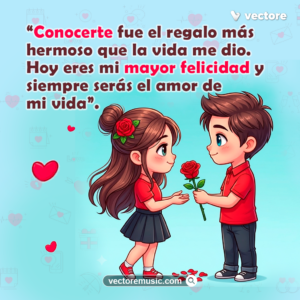 Dibujo de un niño tierno entregando una rosa roja a una niña enamorada en un fondo celeste con corazones flotantes. Tarjeta romántica con frases del amor de mi vida.