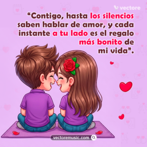 Pareja animada sentada de espaldas sobre un tapete morado, mirándose con ternura y sonriendo de perfil. Tarjeta de amor para dedicar con frases de silencios y complicidad.