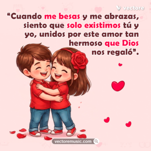 Ilustración de un niño y una niña abrazándose con ternura en un tierno fondo rosa pastel rodeados de pétalos y corazones. Tarjeta de amor con mensajes cristianos de pareja.