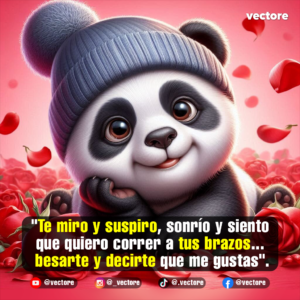 Adorable ilustración en 3D de un osito panda bebé que usa un gorro de lana gris, sonriendo tiernamente mientras se apoya en sus manos sobre un fondo lleno de rosas rojas y pétalos flotantes.