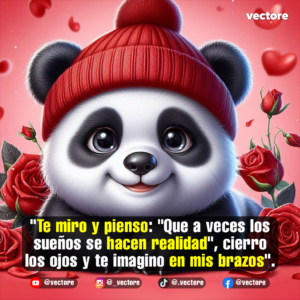 Arte digital de un tierno oso panda con un gorro de lana rojo, mirando fijamente al frente con una leve sonrisa, rodeado de rosas rojas y un fondo rosa con corazones difuminados.