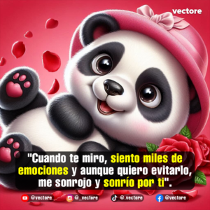 Dibujo tierno en 3D de un oso panda recostado que lleva puesto un sombrero rosa con un lazo, mostrando una patita con huellas en forma de corazón y rodeado de rosas rojas y pétalos.
