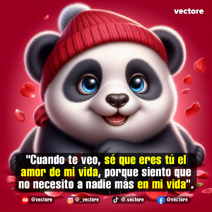 Ilustración digital de un pequeño panda sonriente que usa un gorro rojo tejido, asomándose en primer plano sobre un fondo de color rojo vivo adornado con pétalos en movimiento.