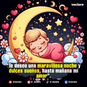 Dibujo tierno e infantil de un bebé durmiendo plácidamente con un pijama rosa sobre una gran luna creciente dorada, rodeado de un cielo nocturno con estrellas brillantes, nubes y flores blancas.