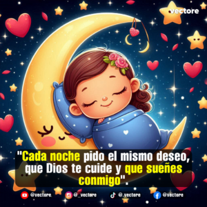 Ilustración animada de una niña pequeña durmiendo acurrucada con una manta azul estrellada sobre una luna sonriente, enmarcada por un fondo nocturno oscuro lleno de estrellas destellantes y corazones rojos.