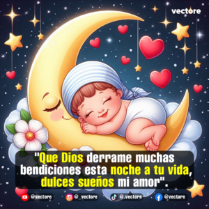 Caricatura de un bebé sonriente con un gorro de dormir a rayas azules y blancas, durmiendo felizmente recostado sobre una luna creciente dorada en medio de un cielo nocturno estrellado con corazones flotantes.