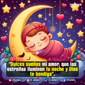 Ilustración infantil de una niña con una diadema de lazo rosa que duerme plácidamente envuelta en una manta color fucsia sobre una luna dorada, rodeada de estrellas colgantes, corazones rojos y nubes suaves.