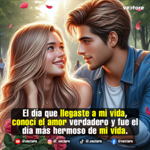 Arte digital de una hermosa pareja joven mirándose apasionadamente a los ojos al aire libre. La mujer, de cabello largo, rubio y ondulado, sonríe con ternura, mientras que el hombre, de cabello castaño y chaqueta de mezclilla azul, la contempla fijamente bajo una luz cálida con pétalos rosados flotando a su alrededor.