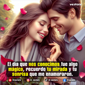 Ilustración de una pareja joven abrazada románticamente juntando sus frentes con los ojos cerrados y sonriendo con felicidad. El hombre viste un suéter gris sobre una camisa y la mujer tiene el cabello castaño largo y ondulado, rodeados por pétalos de rosa rojos flotantes en una atmósfera otoñal.