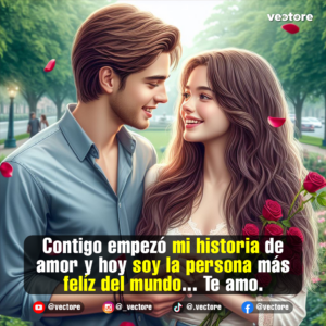 Pareja joven enamorada sonriéndose mutuamente mientras caminan tomados de la mano por un parque arbolado. El hombre lleva una camisa celeste y la mujer sostiene un ramo de rosas rojas naturales, envueltos en un ambiente luminoso con sutiles pétalos flotando.