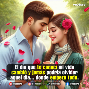 Primer plano de una pareja joven compartiendo un momento íntimo en un parque. El hombre abraza a la mujer inclinándose hacia ella, mientras ella, con una rosa rosa decorando su cabello castaño y una bufanda a rayas, sonríe delicadamente sosteniendo una rosa roja entre sus manos.