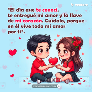 Ilustración de un niño sentado entregándole un corazón rojo a una niña con flores en el cabello sobre un fondo claro. Tarjeta de amor con mensajes de compromiso y romance.