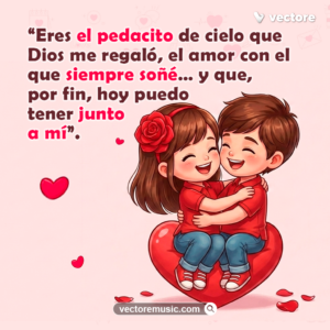 Dibujo tierno de un niño y una niña abrazados sonriendo sentados sobre un gran corazón rojo en un fondo rosa pastel. Tarjeta de amor con mensajes de bendición y un pedacito de cielo.