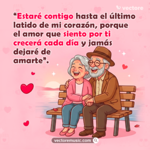 Ilustración de una pareja de ancianos felices sonriendo y tomados de la mano en una banca de madera frente al mar durante el atardecer. Tarjeta romántica con frases sobre estar contigo hasta el último latido de mi corazón.