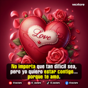 Diseño digital de un gran corazón de textura acolchada roja con un centro blanco que lleva la palabra "Love", rodeado completamente por rosas rojas abiertas y pétalos flotando sobre un fondo guinda.