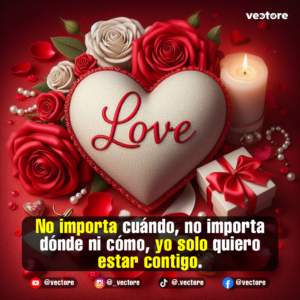 Fotografía estilizada de un cojín en forma de corazón con bordados dorados y la palabra "Love" al centro, rodeado de rosas blancas y rojas, perlas esparcidas, una caja de regalo con lazo rojo y una vela encendida sobre una superficie roja.