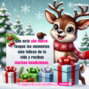 Ilustración tierno de un reno navideño animado con bufanda roja sosteniendo un cartel en blanco, rodeado de regalos y pinos con nieve.