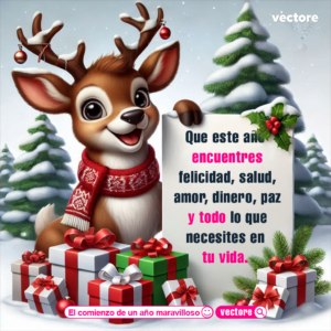 Dibujo animado de un adorable reno navideño sonriente junto a un letrero blanco rodeado de cajas de regalo con lazos rojos y verdes en la nieve.