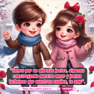 Ilustración infantil de un niño y una niña con abrigos de invierno y bufandas caminando tomados de la mano en la nieve, señalando hacia el frente en un entorno de rosas.