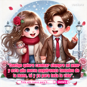 Arte digital de una pareja de niños con abrigos elegantes caminando sonrientes en un paisaje invernal; la niña lleva un pequeño oso de peluche en su bolsillo y rosas a los lados.
