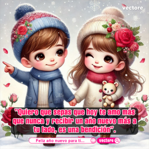 Ilustración de un niño y una niña con gorros y bufandas de invierno caminando de la mano bajo la nieve; la niña sostiene un osito de peluche y guiña un ojo alegremente.