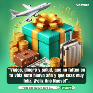 Composición en 3D sobre fondo verde que muestra una gran caja de regalo turquesa con lazo dorado, rodeada de pilas de monedas de oro, billetes de dólares, una maleta plateada y un avión comercial volando en la parte superior.