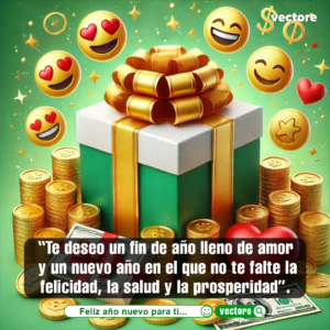 Diseño festivo con una caja de regalo verde y blanca con lazo dorado, rodeada de abundantes monedas de oro, un fajo de dólares con un corazón rojo y varios emojis flotantes con caras felices y ojos de corazón.
