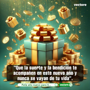 Render 3D de una caja de regalo verde esmeralda con un gran lazo dorado brillante, rodeada e iluminada por una lluvia flotante de monedas de oro y pequeñas cajas de regalos doradas sobre un fondo verde con destellos.